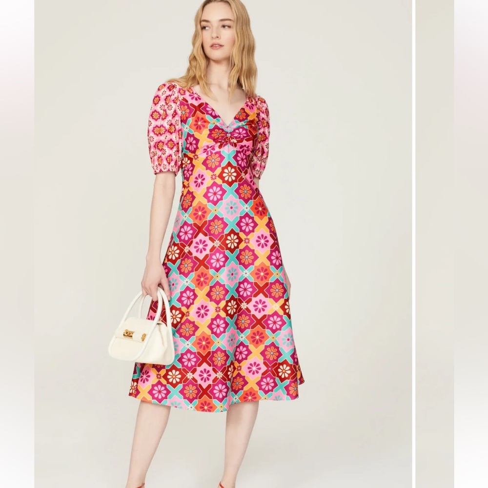 Donna Morgan floral midi dress v neck puff sleeves size 2